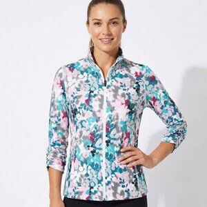 Joe Fresh Floral Bloom Athletic Jacket Ruched 3/4 Sleeve Teal Pink Medium